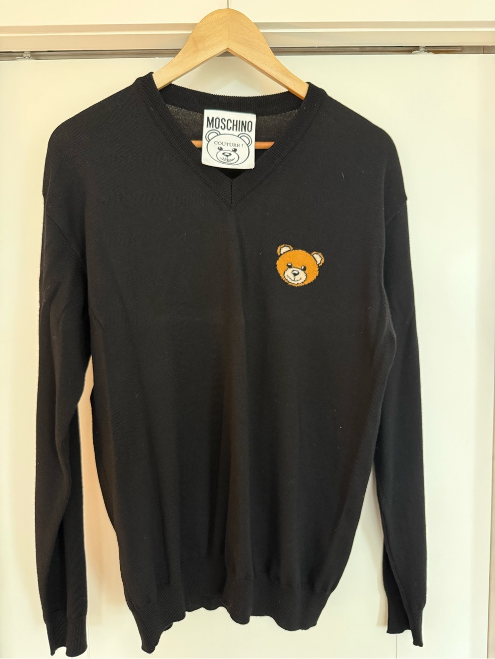 Moschino Black V-Neck Sweater with Teddy Bear Patch
